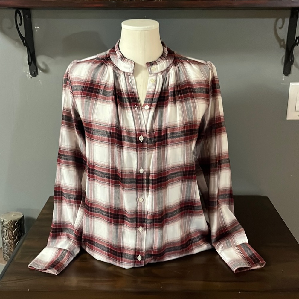 LOFT super soft plaid flannel button down top with rouging at the neck size XS